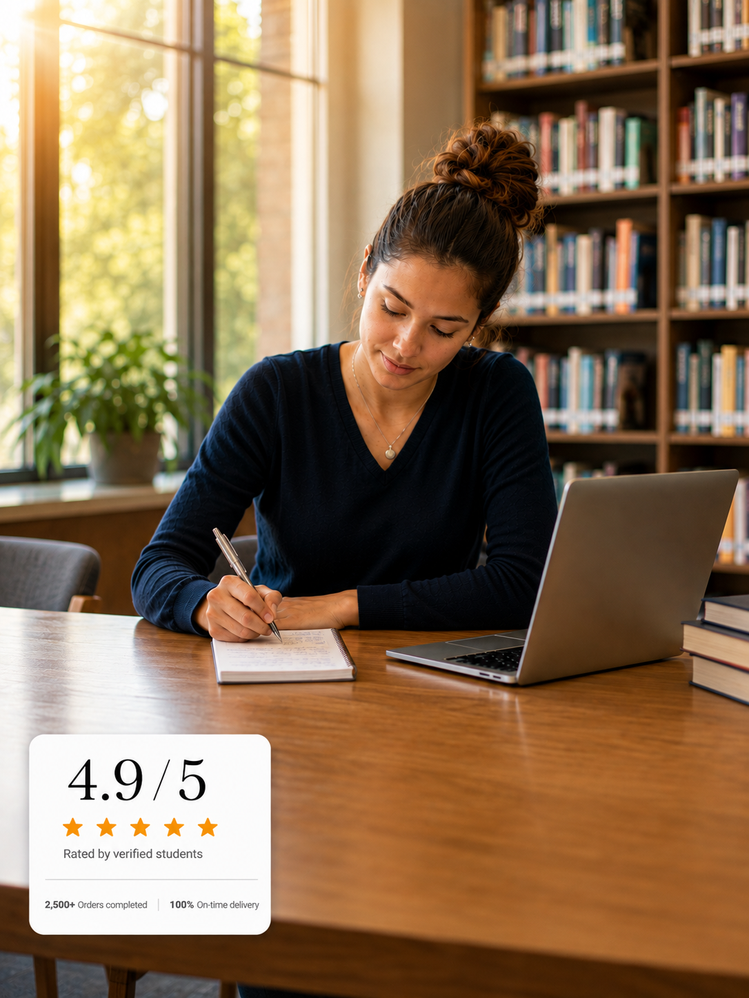 Student studying at university library with GradeQuill academic writing support